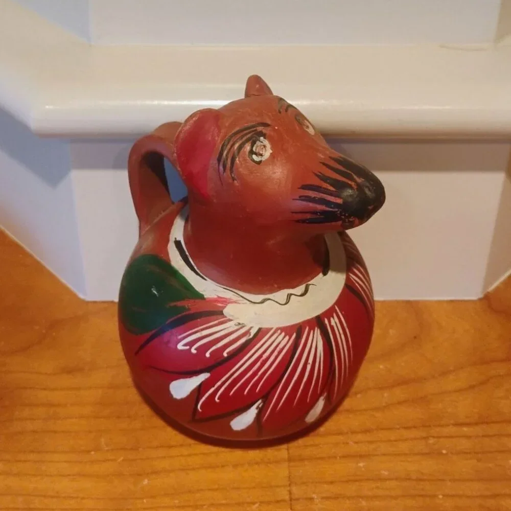 Vintage Mexican Terracotta Folk Art Dog Pitcher Hand Painted Redware Clay 5 1/2" - Picture 1 of 8